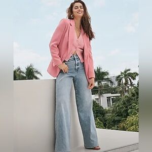 Express Light Wash Wide Leg Jeans with Pink Blazer Styling